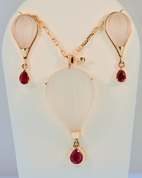 estate hot air baloon jewelry pendant earrings quartz and red spinel in gold 5