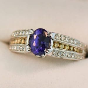 fwcj custom ring with untreated purple sapphire and yellow diamonds