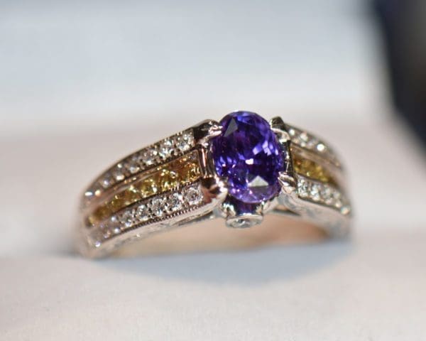 fwcj custom ring with untreated purple sapphire and yellow diamonds 5
