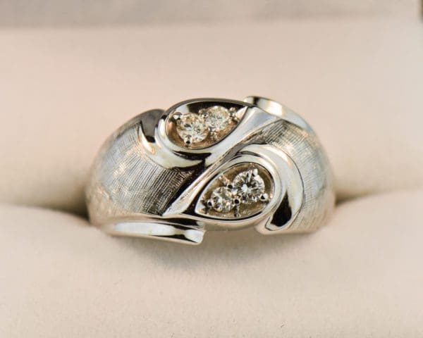 mid century gents diamond bypass ring textured white gold