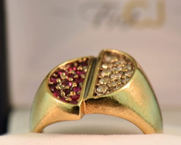 mid century gold mens yin yang ring with rubies and diamonds 2
