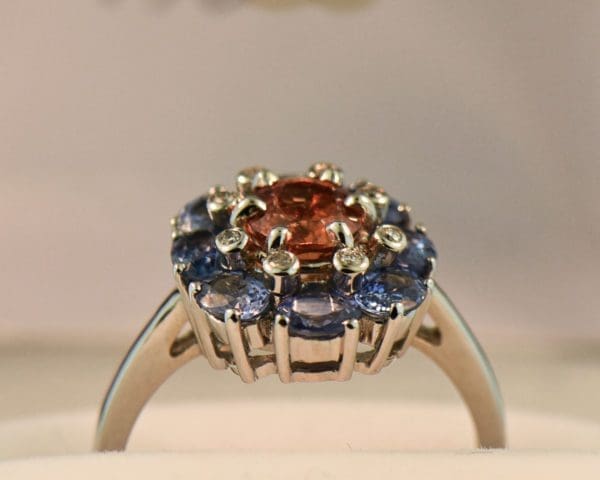 orange and blue sapphire cluster halo ring 3