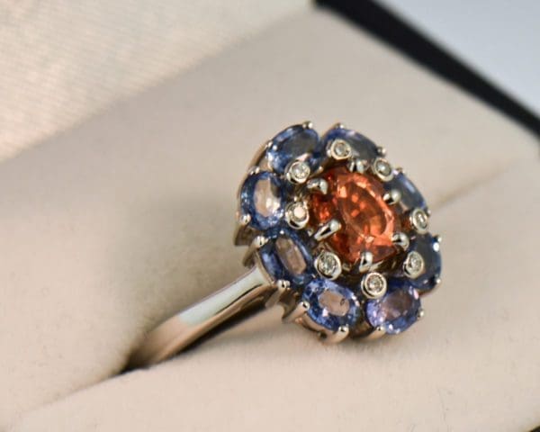 orange and blue sapphire cluster halo ring 4