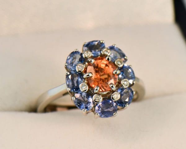 orange and blue sapphire cluster halo ring 5