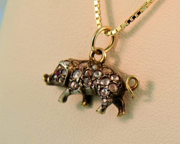 victorian pig charm gold and diamond pendant little piggie