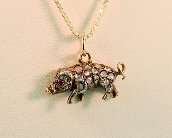 victorian pig charm gold and diamond pendant little piggie 3