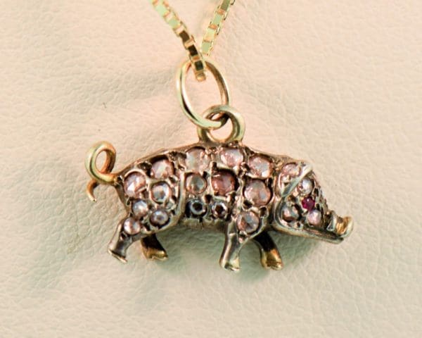 victorian pig charm gold and diamond pendant little piggie 2