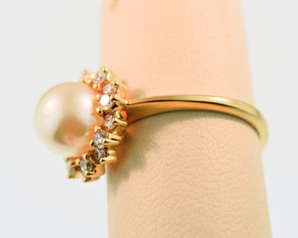 akoya white pearl and diamond halo ring in yellow gold 3