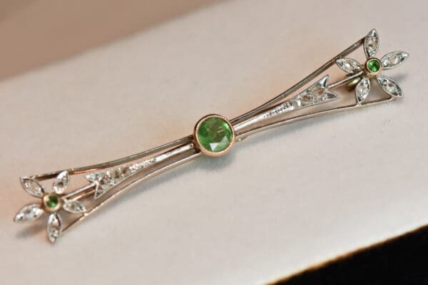 antique russian demantoid green garnet and rose cut diamond brooch 4
