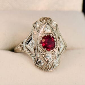 art deco filigree ring with 1ct no heat ruby and diamonds gia
