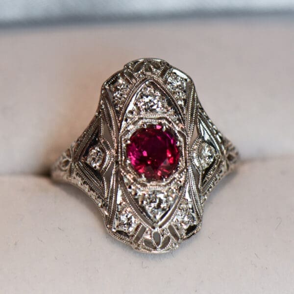 art deco filigree ring with 1ct no heat ruby and diamonds gia 4