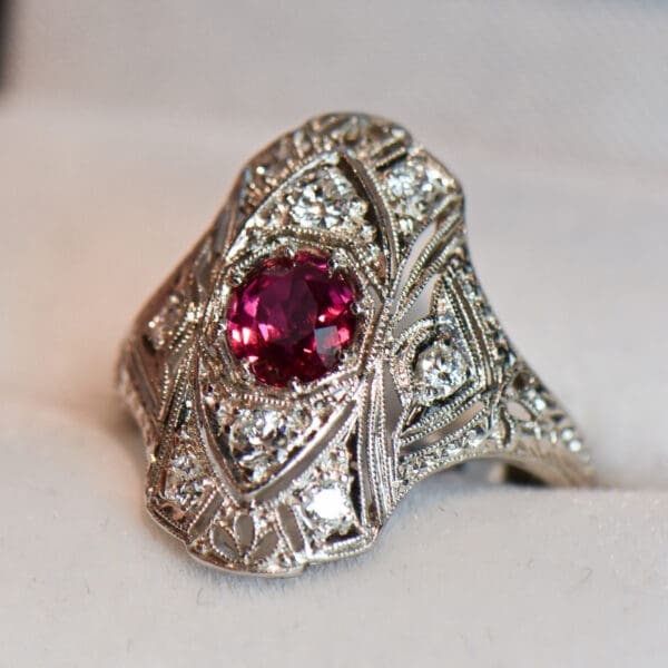 art deco filigree ring with 1ct no heat ruby and diamonds gia 5