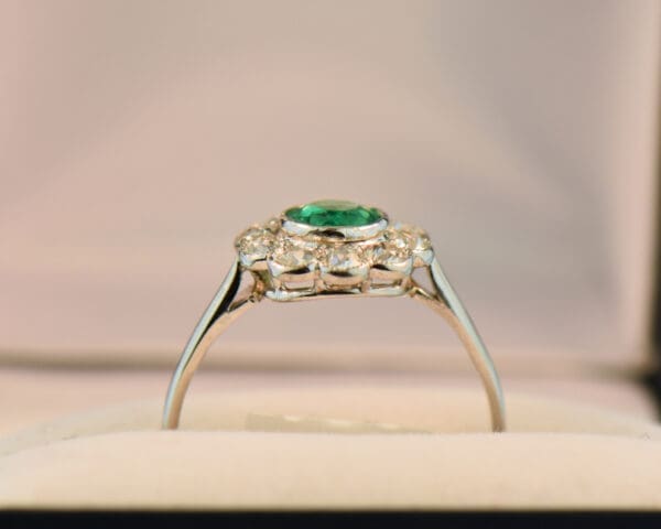 art deco platinum emerald diamond flower halo ring 3