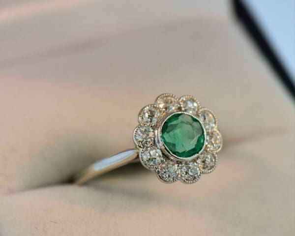 art deco platinum emerald diamond flower halo ring 5