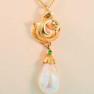 art nouveau baroque river pearl and demantoid garnet lavalier pendant