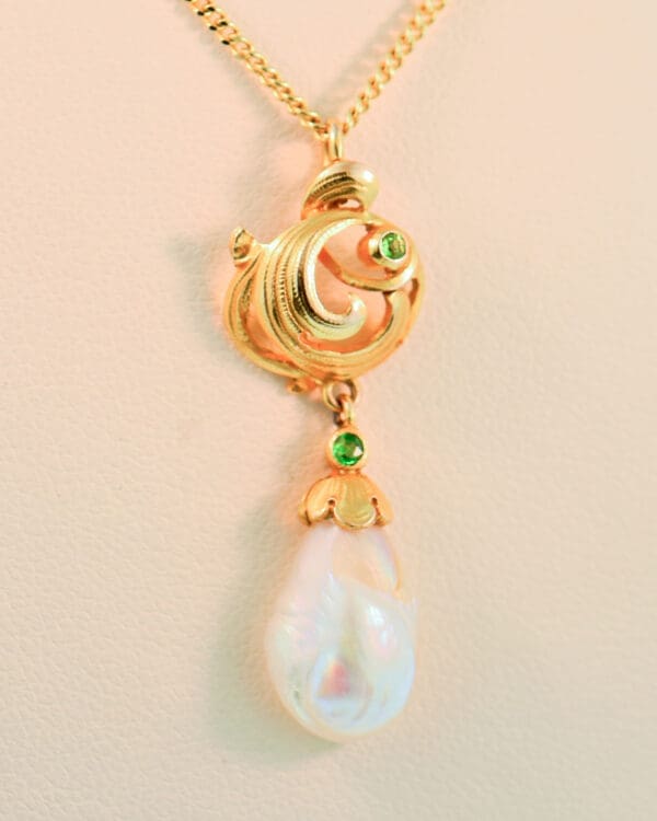 art nouveau baroque river pearl and demantoid garnet lavalier pendant