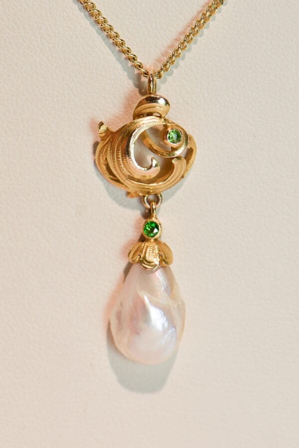 art nouveau baroque river pearl and demantoid garnet lavalier pendant 4