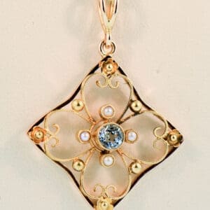 british antique gold and aquamarine pendant with seed pearl accents
