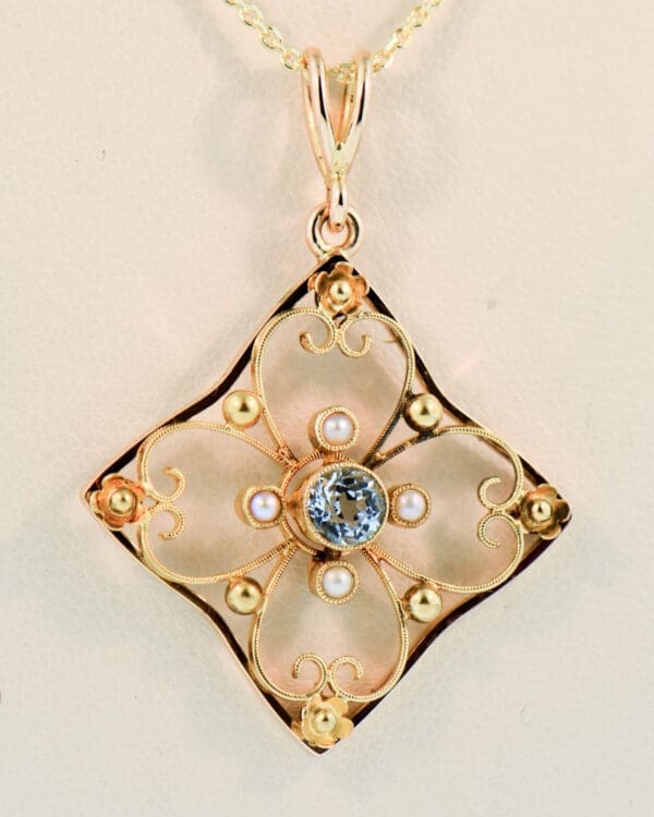 british antique gold and aquamarine pendant with seed pearl accents