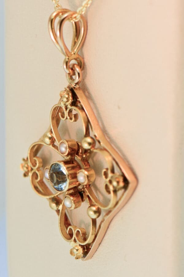 british antique gold and aquamarine pendant with seed pearl accents 2