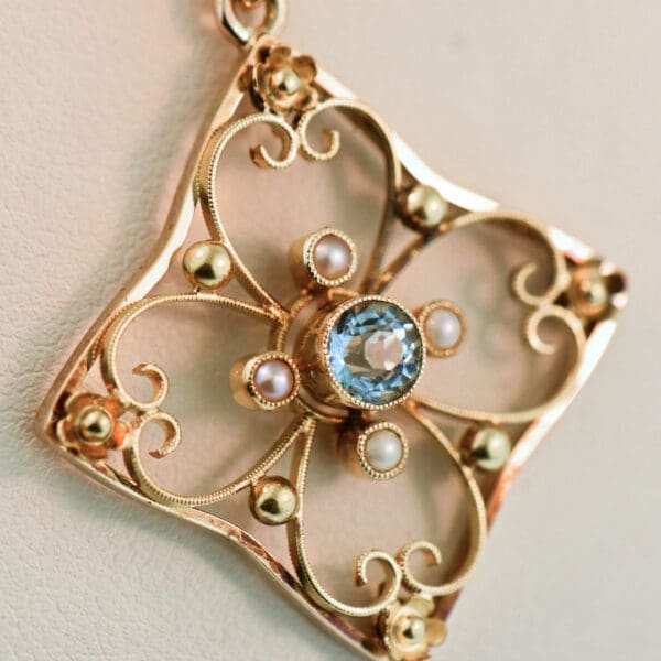 british antique gold and aquamarine pendant with seed pearl accents 3