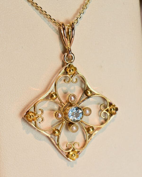 british antique gold and aquamarine pendant with seed pearl accents 4