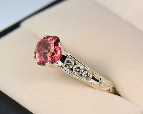 custom padparadscha sapphire and diamond carved white gold engagement ring
