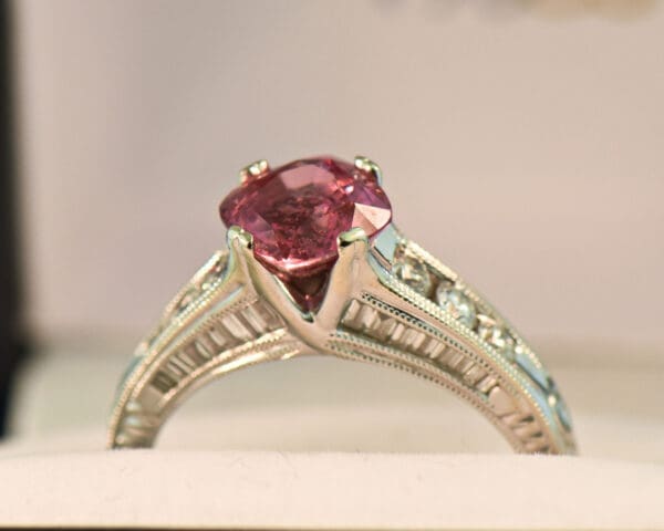 custom padparadscha sapphire and diamond carved white gold engagement ring 2