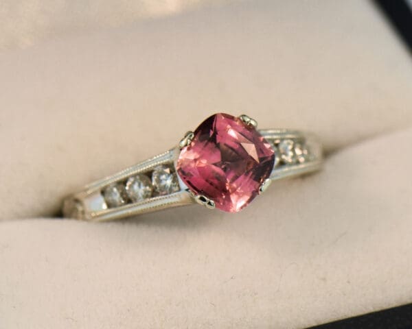custom padparadscha sapphire and diamond carved white gold engagement ring 3