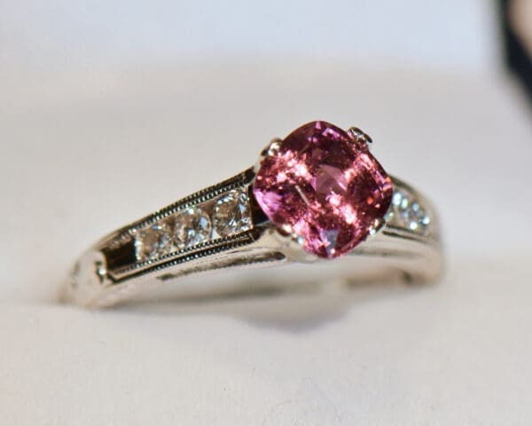 custom padparadscha sapphire and diamond carved white gold engagement ring 4