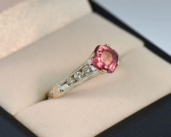 custom padparadscha sapphire and diamond carved white gold engagement ring 5