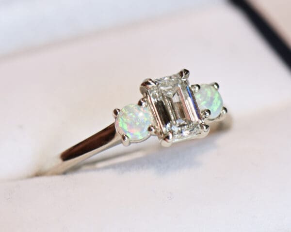 emerald cut lab created diamond and natural opal 3 stone engagement ring 3