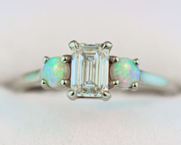 emerald cut lab created diamond and natural opal 3 stone engagement ring 4