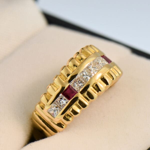 estate yellow gold ring with row of channel set diamonds and rubies 3