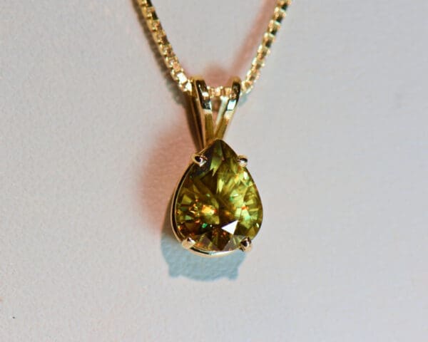 greenish yellow sphene pear solitaire pendant in gold