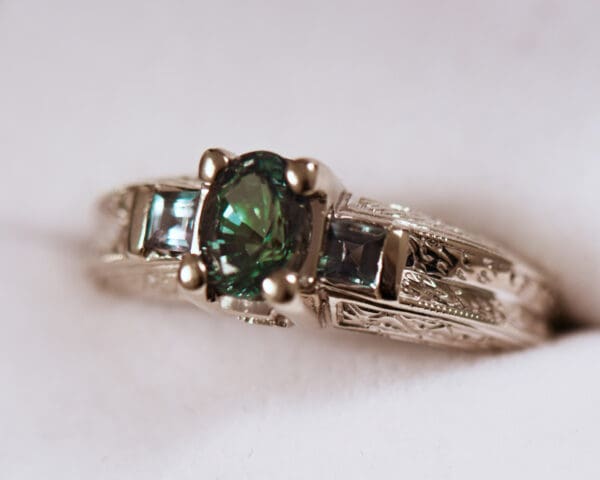 natural alexandrite three stone ring in carved white gold 3