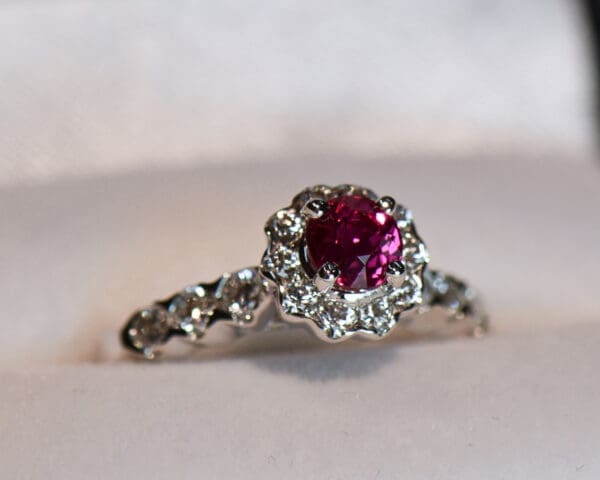 neon magenta red round burmese ruby and diamond halo ring 5