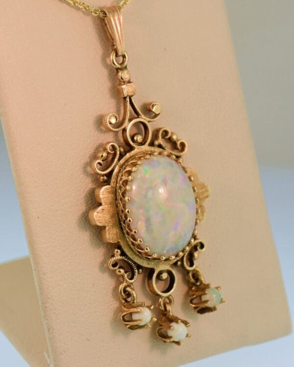 vintage mid century gold and white opal fringe pendant