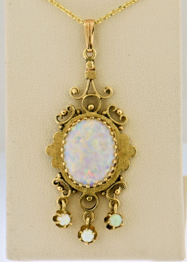 vintage mid century gold and white opal fringe pendant 2