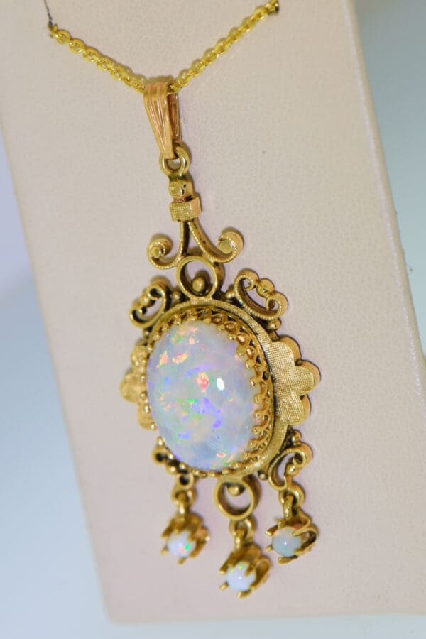 vintage mid century gold and white opal fringe pendant 3