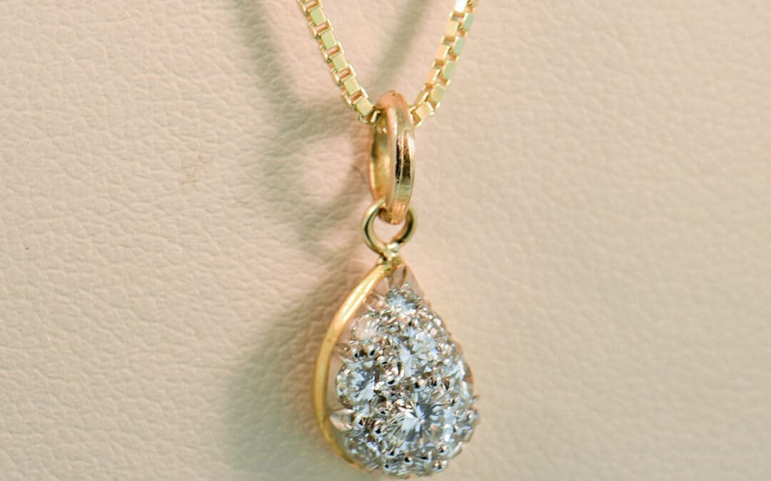 dainty vintage diamond pave teardrop pendant twotone gold
