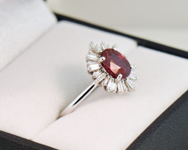 2ct oval ruby engagement ring with baguette diamond halo 3