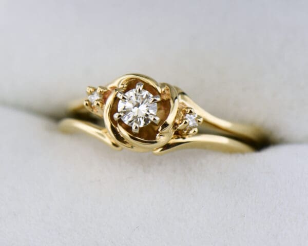 carved rose floral gold and diamond antiqued engagement ring 2