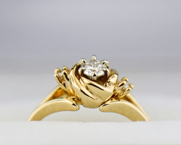 carved rose floral gold and diamond antiqued engagement ring 3