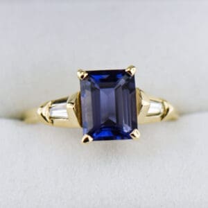 emerald cut iolite and bageutte diamond ring