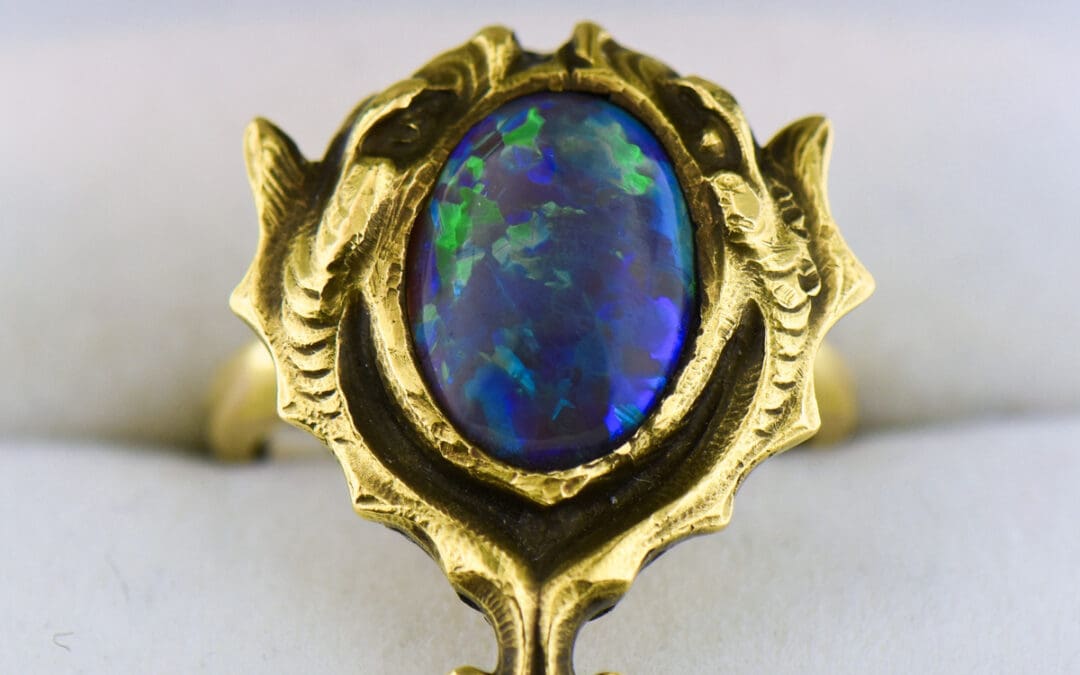 arts and crafts black opal and hydra dolphin sea creature ring