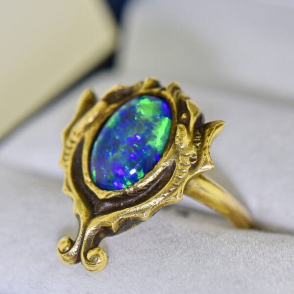 arts and crafts black opal and hydra dolphin sea creature ring 4