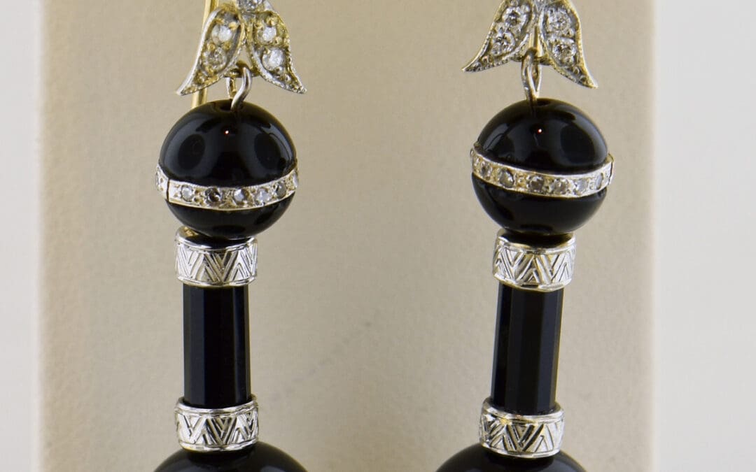 elegant art deco black onyx and diamond dangling flapper earrings