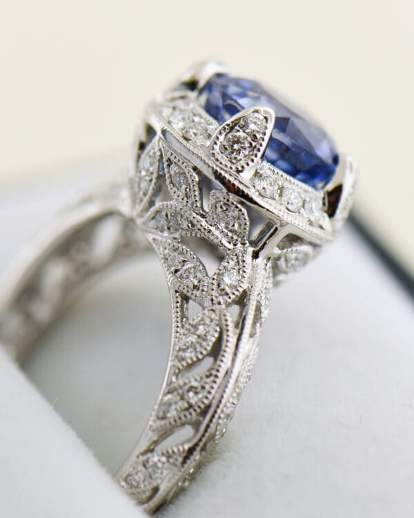 ceylon sapphire and white gold filigree engagement ring 2