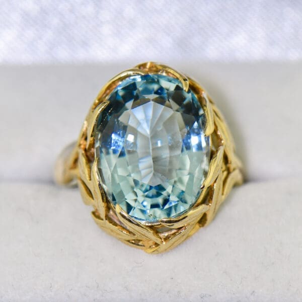mid century aquamarine cocktail ring with floral gold mounting 3